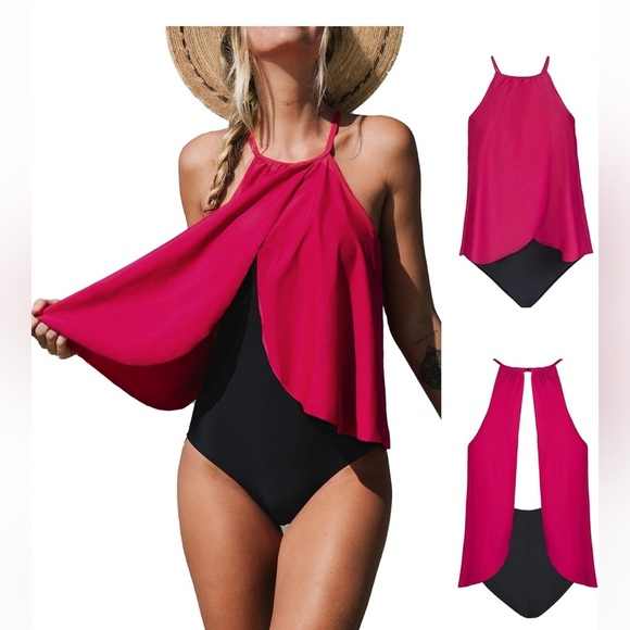 CUPSHE  One Piece Swimsuit Ruffle High Neck Backless black/ red overlay XS - Picture 1 of 16